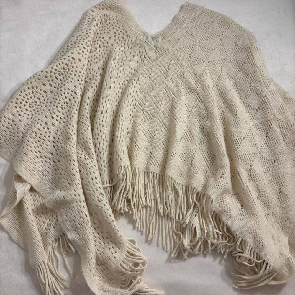 Arianna Cream Fringe Knit Blanket Sweater | Boho | One Size - Picture 4 of 4